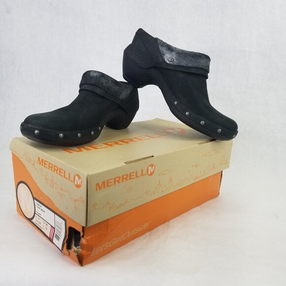 Merrell Luxe Wrap Mule Women's 6 Black Suede Leather Clog Metal Rivets Cone Heel - Picture 2 of 16
